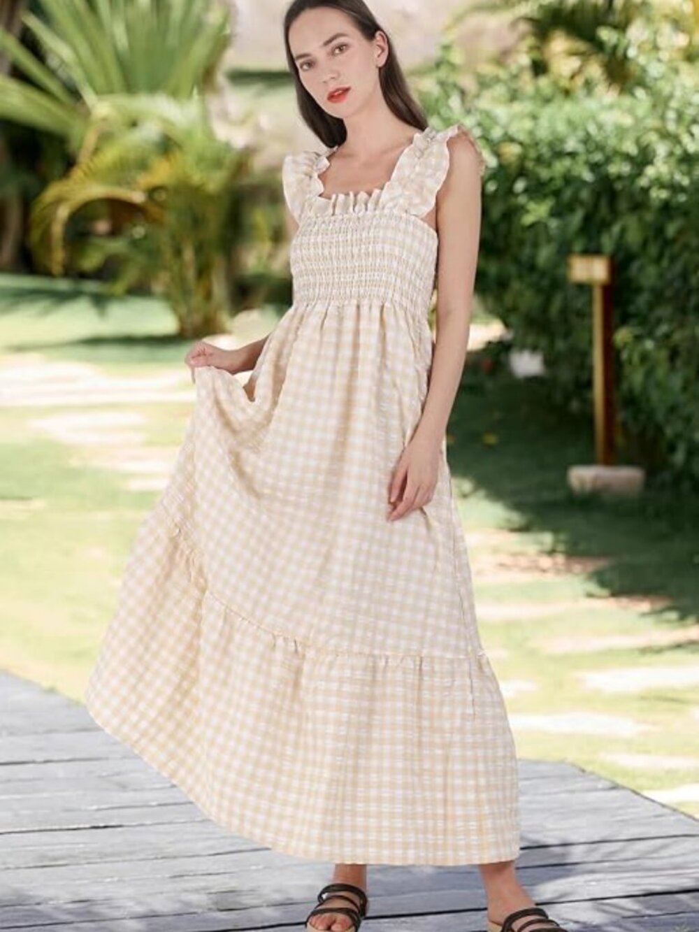 Women's Retro Plaid Smocked Dress Spaghetti Strap Flounce Long Dress
